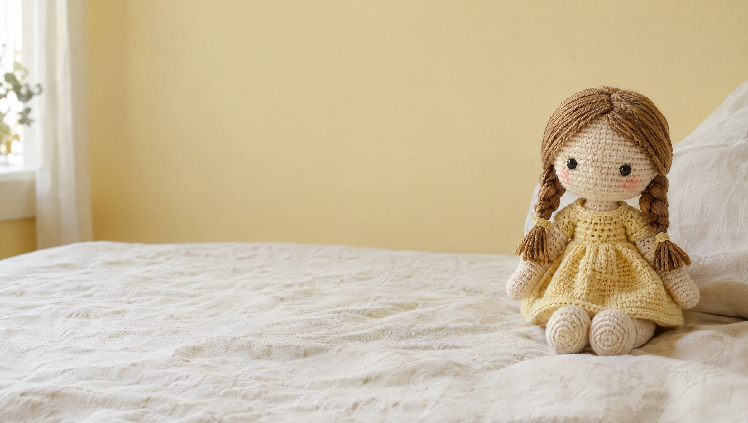 Crochet doll in a yellow dress sitting on a cream linen bed