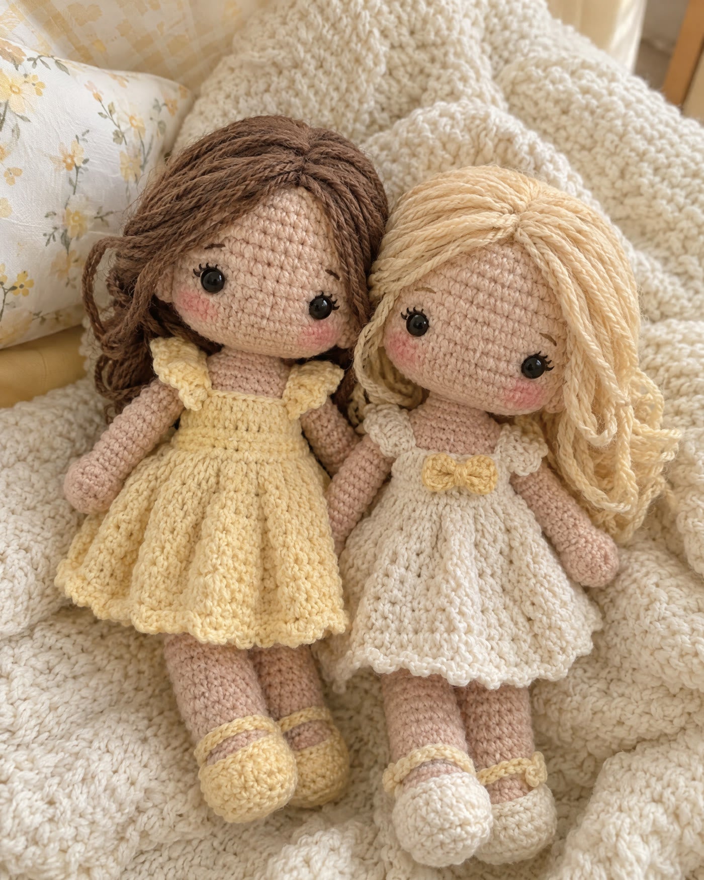 Two crochet dolls in yellow and cream dresses on a knitted blanket
